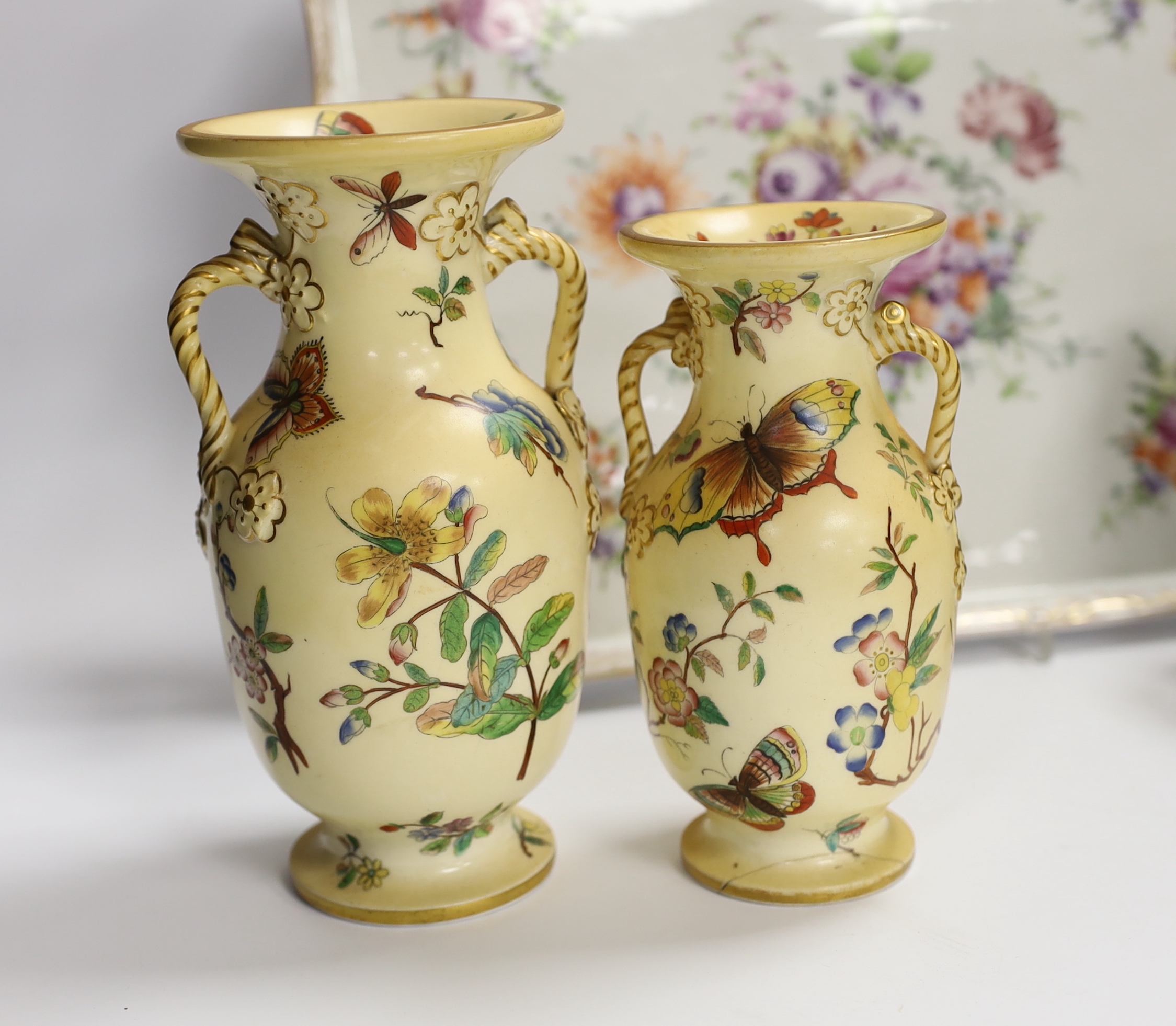 A Dresden porcelain floral dish, Cantagalli caddy and three Paris vases, largest 33cm wide